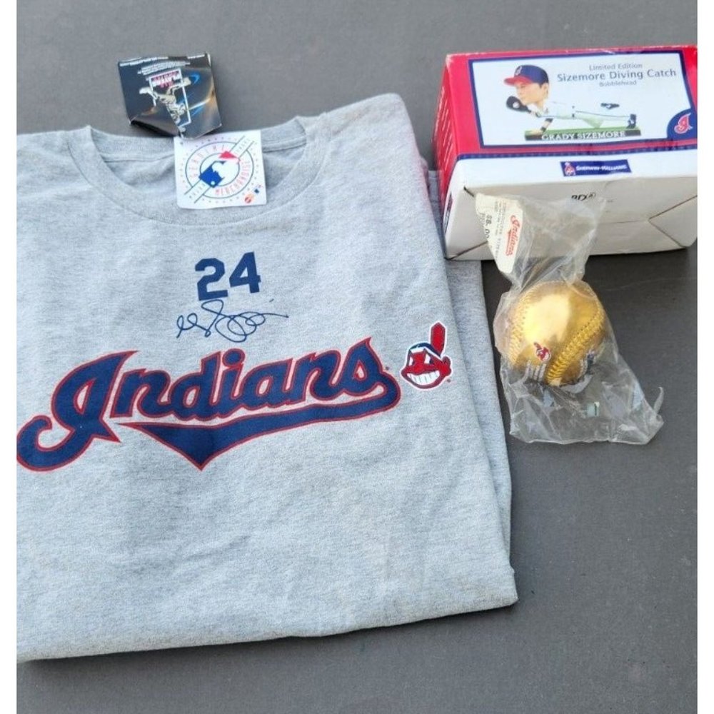 Chief Wahoo Grady Sizemore 2007 Rawlings Gold Ball  T-Shirt Bobblehead New